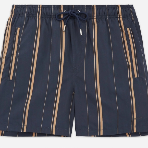 The Kooples Navy Blue & Gold Swim Trunks With Stripes & Zipper Pockets - Picture 6 of 12